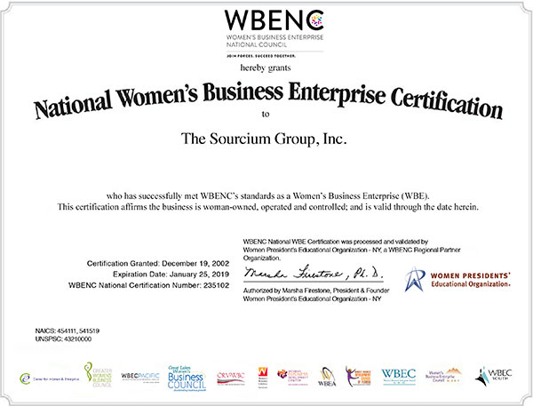 Women's Business Enterprise National Council Certification for The Sourcium Group